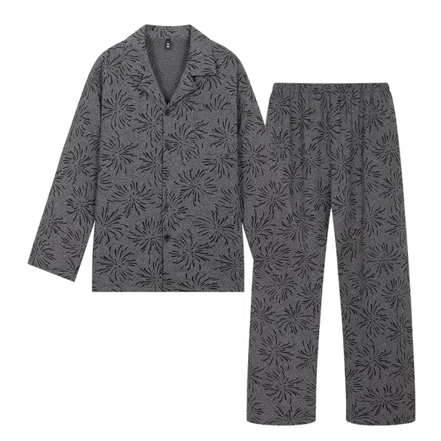 宫蝶 爽肤棉长袖开衫复古风家居服满印休闲可外穿大码睡衣套装 男款