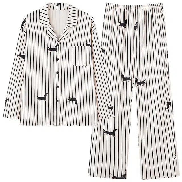 俏霓桐 可爱卡通简约条纹翻领纯棉亲肤甜美休闲长袖长裤家居服可外穿睡衣套装 女款