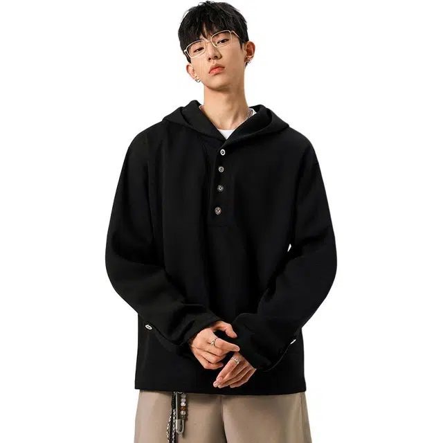 佐菲利 美式重磅纽扣连帽潮牌纯色解构情侣外套青少年宽松帽衫卫衣 男女同款