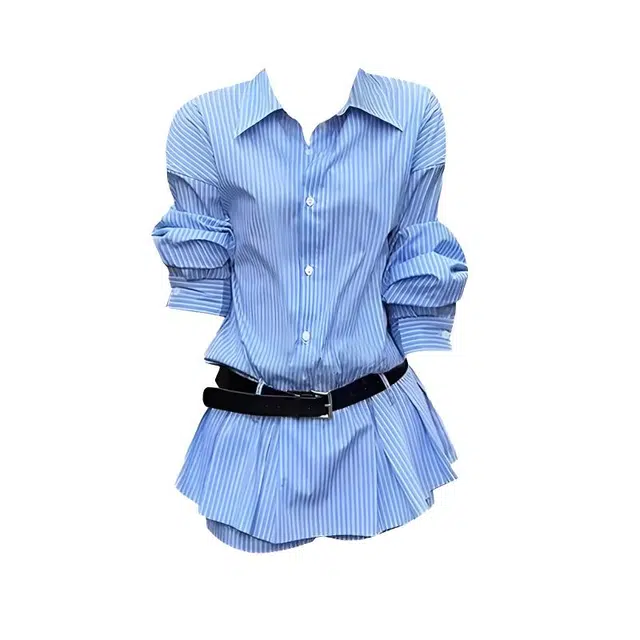 囍鱼少女 法式复古条纹翻领衬衫女夏季设计感小众收腰显瘦短裙两件套连衣裙 女款
