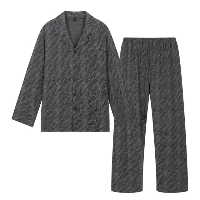 宫蝶 长袖爽肤棉开衫家居服满印宽松休闲罗马风可外穿大码睡衣套装 男款
