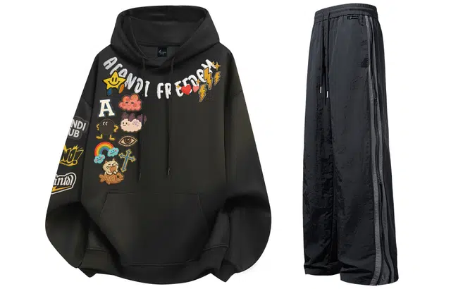 阿凡迪 仿刺绣美式复古街头简约基础趣味卡通徽章环形字母印花宽松舒适百搭时尚潮流通勤连帽长袖卫衣中腰防风防水直筒裤套装 男女同款