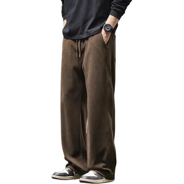 潮人榜 美式复古重磅拼接针织卫裤男款秋冬简约宽松直筒阔腿垂感休闲裤 男女同款