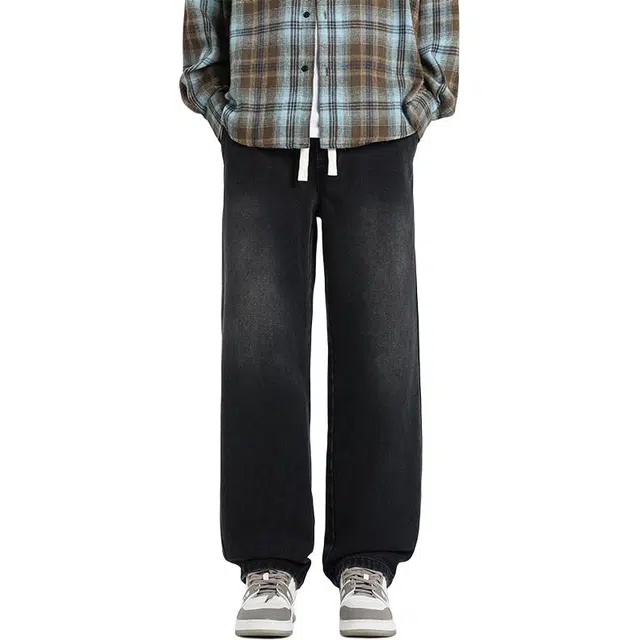 华夏儿女 美式复古高街磨白做旧水洗松紧腰抽绳系带阔腿设计潮流痞帅宽松柔软舒适亲肤透气通勤直筒裤牛仔裤 男款