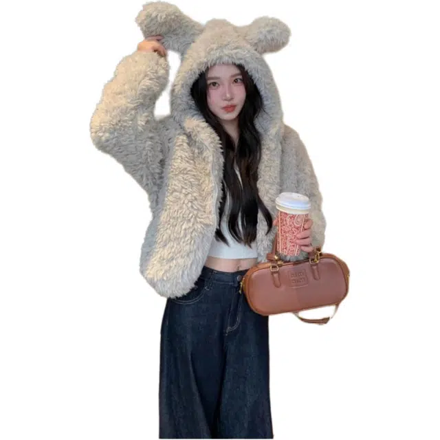 思蓓儿 兔耳朵连帽毛毛女短款加厚慵懒风环保上衣绒感外套 女款