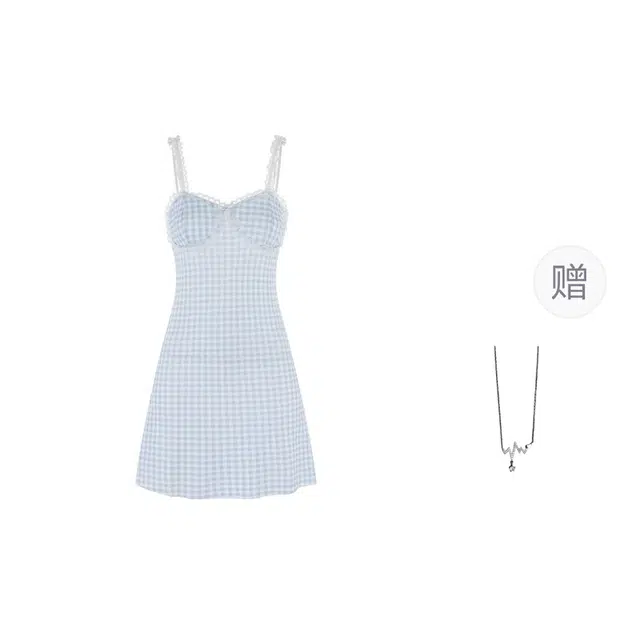 识恩 纯欲高级感冰丝设计性感格子控吊带裙睡裙 女款