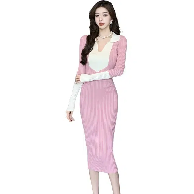 纤丝鸟 小香风针织修身气质名媛长款打底长袖连衣裙 女款