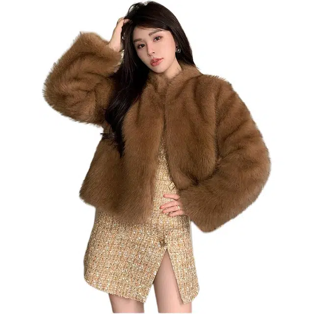 思蓓儿 美式棕色环保外套女冬季高级感时尚气质名媛毛毛上衣仿皮草 女款