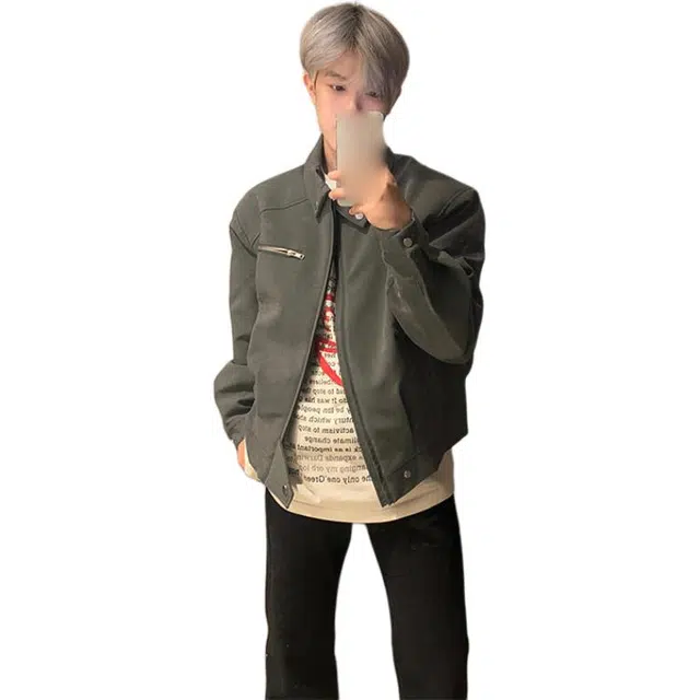 黑马漫画 外套男春秋潮牌简约美式复古宽松翻领短款夹克 男女同款