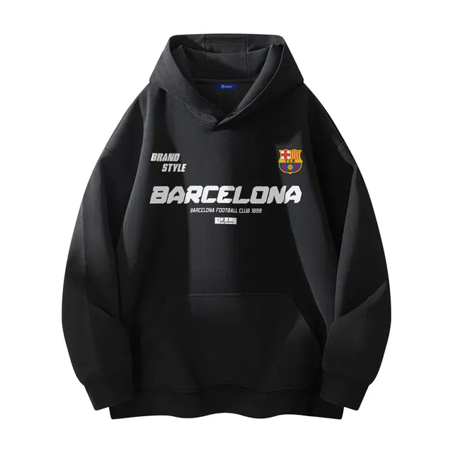 巴塞罗那足球俱乐部 美式高街复古简约基础款宽松休闲通勤百搭舒适慵懒风落肩套头长袖连帽卫衣 男女同款