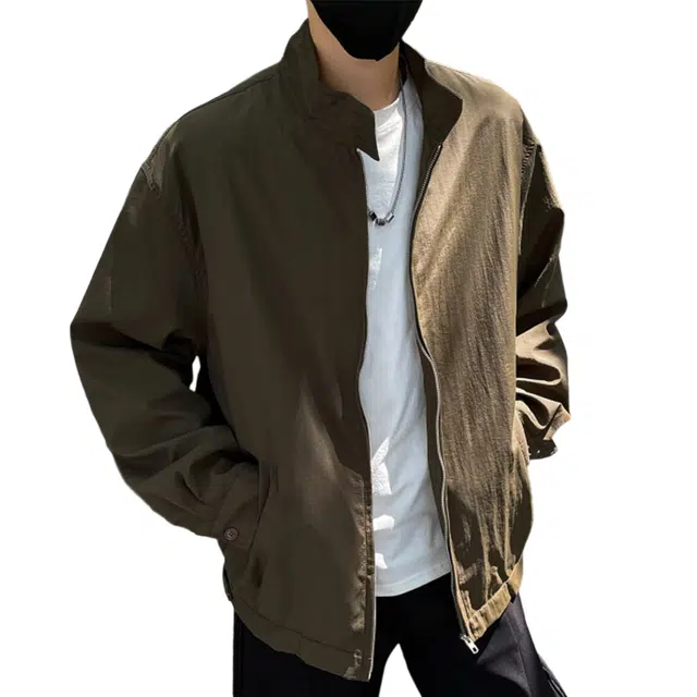 冈哉 美式复古高街纯色简约基础款立领设计潮牌机车服廓形飞行员工装夹克外套 男女同款