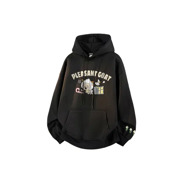 喜羊羊与灰太狼 美式复古潮流懒羊羊趣味字母卡通涂鸦印花学院风帽衫日常通勤宽松百搭休闲运动长袖套头连帽卫衣 男女同款