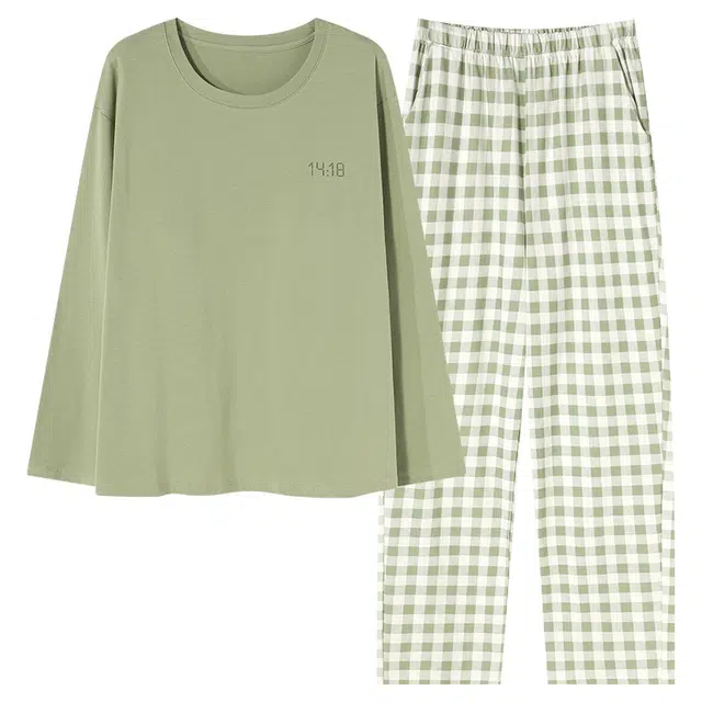 草本初色  森林绿简约柔软透气舒适无痕带胸垫长袖家居服女士睡衣套装 女款