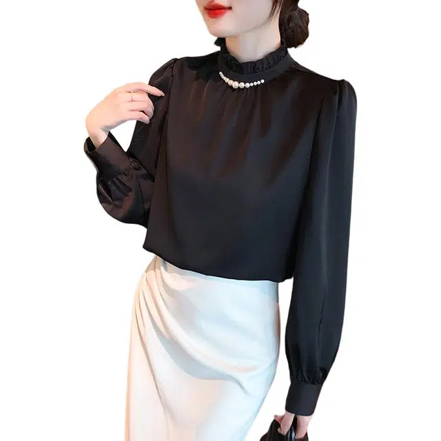 缪斯的诱惑 韩版百搭钉珠缎面长袖女上衣秋衬衫 女款