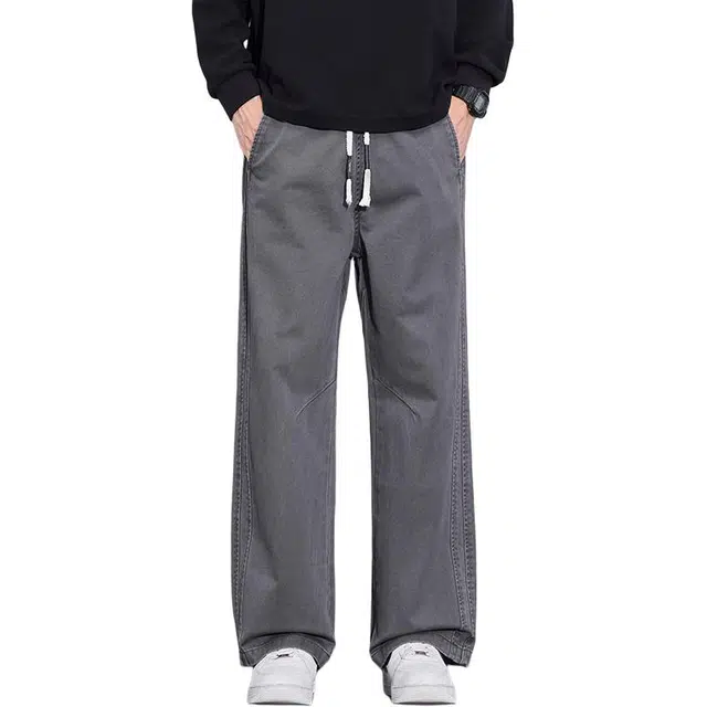 华夏儿女 斜切条纹美式复古刺绣宽松直筒垂感显高显瘦通勤百搭潮流长裤休闲裤 男款