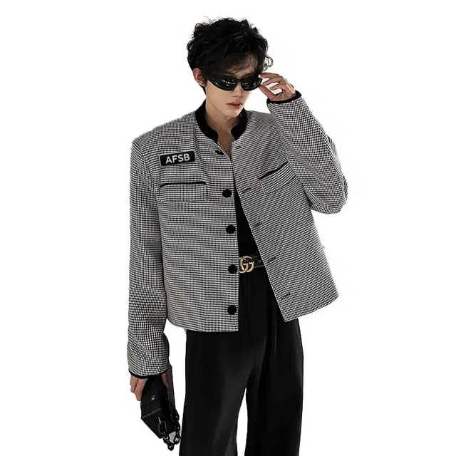 艾梵斯贝 美式复古潮流垫肩短款小香风千鸟格设计款无性别高级感立领小西服日常通勤百搭宽松休闲时尚潮酷个性街头夹克 男女同款