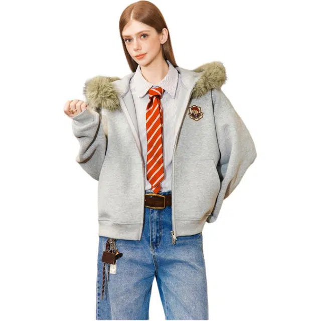 拓菲 高级感小熊耳朵毛领开衫潮牌松弛感秋季情侣休闲连帽外套潮卫衣男 男女同款