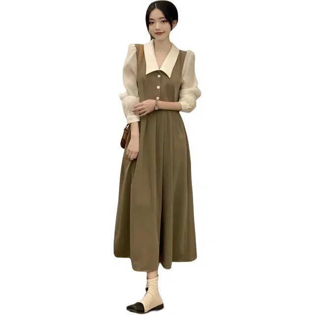 纤丝鸟 胖妹妹气质赫本风裙子韩版中长款长袖连衣裙 女款