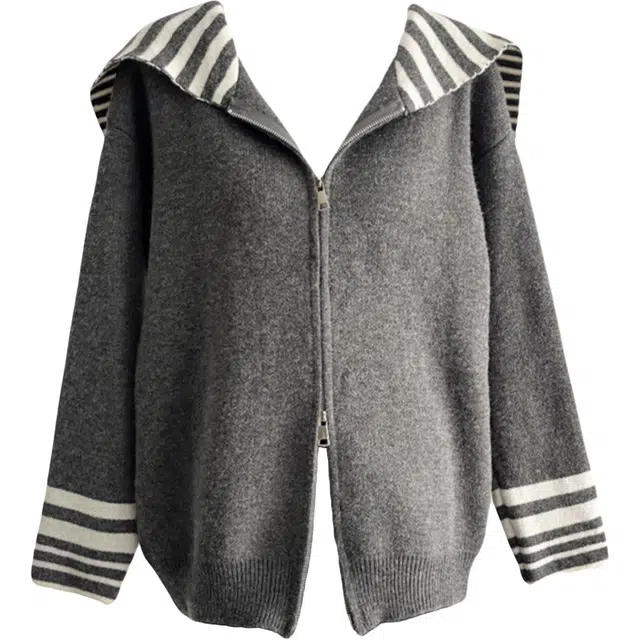 花蔓色 韩系学院风连帽撞色条纹设计感长袖开衫外套针织衫 女款