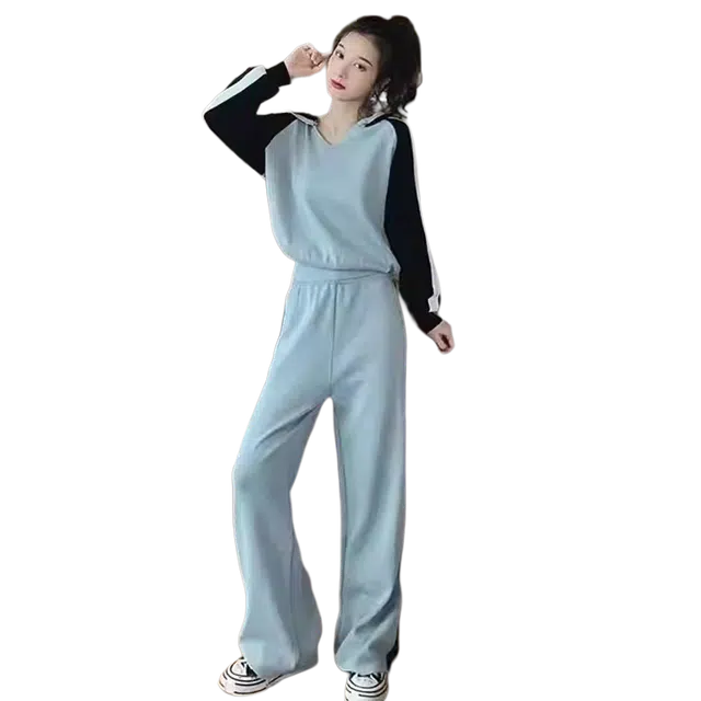 轻迎 卫衣运动条纹连帽上衣阔腿裤休闲套装 女款