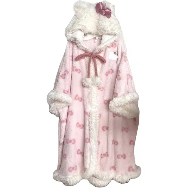 小卷要加油 可爱保暖睡衣蝴蝶结女冬季加厚加绒珊瑚绒韩版休闲家居服大衣 女款