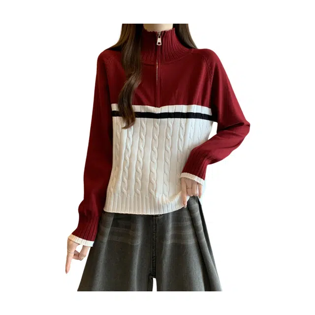 荟萃阁 拼接女宽松显瘦撞色加厚外套针织衫 女款