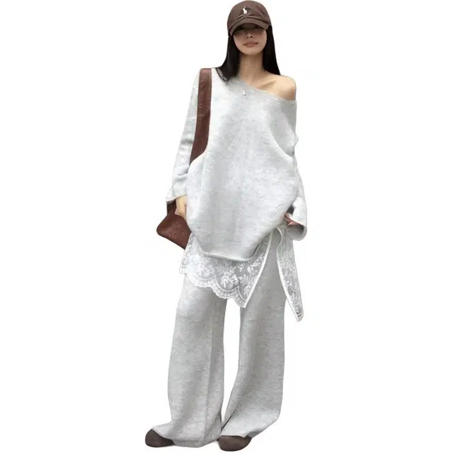 轻迎 韩系穿搭斜肩一字肩毛衣上衣宽松版型针织阔腿裤休闲套装 女款