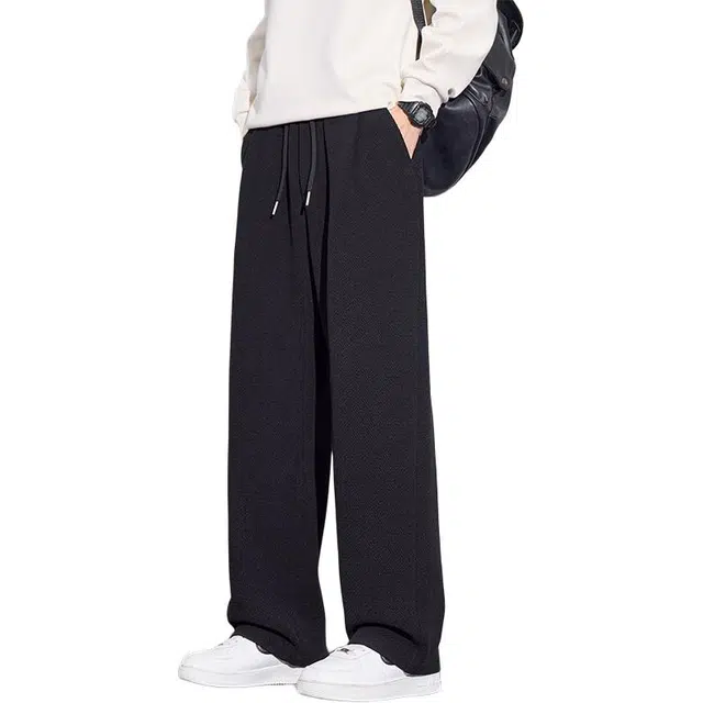 协协乐 高街风华夫格卫裤秋冬季美式潮牌简约纯色宽松阔腿拖地裤百搭抽绳痞帅运动长裤休闲裤 男款