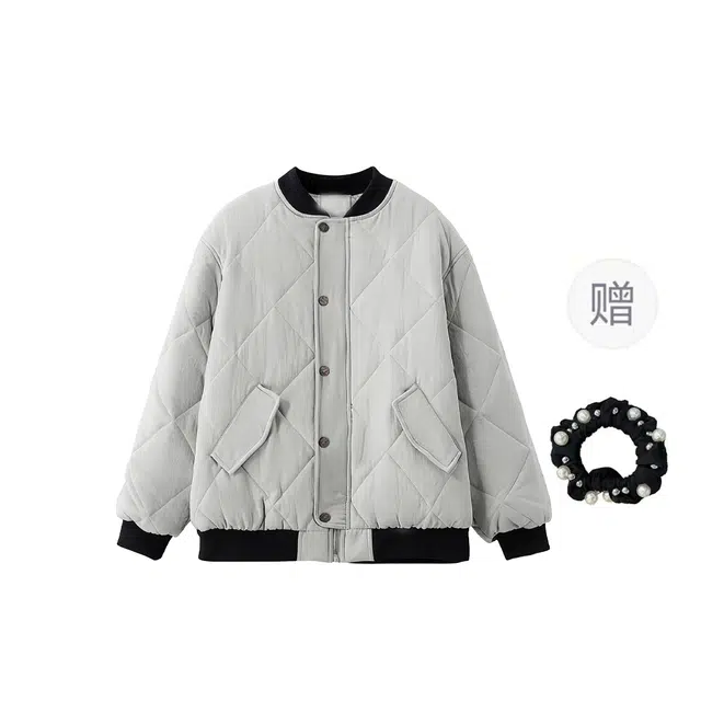 雾闪闪 美式菱格棒球服女短款冬季设计感夹棉学院风宽松外套棉服 女款
