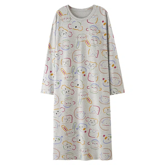 莫代尔 宽松显瘦个性舒适柔软亲肤细腻时尚百搭自带胸垫防凸点长袖裙家居裙睡裙 女款