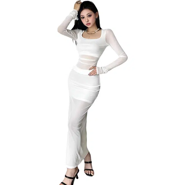 纤丝鸟 纯欲性感镂空网纱显瘦开叉设计感长袖连衣裙 女款