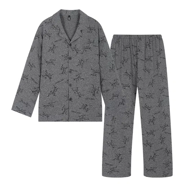 宫蝶 长袖爽肤棉家居服满印休闲开衫可外穿大码复古风睡衣套装 男款
