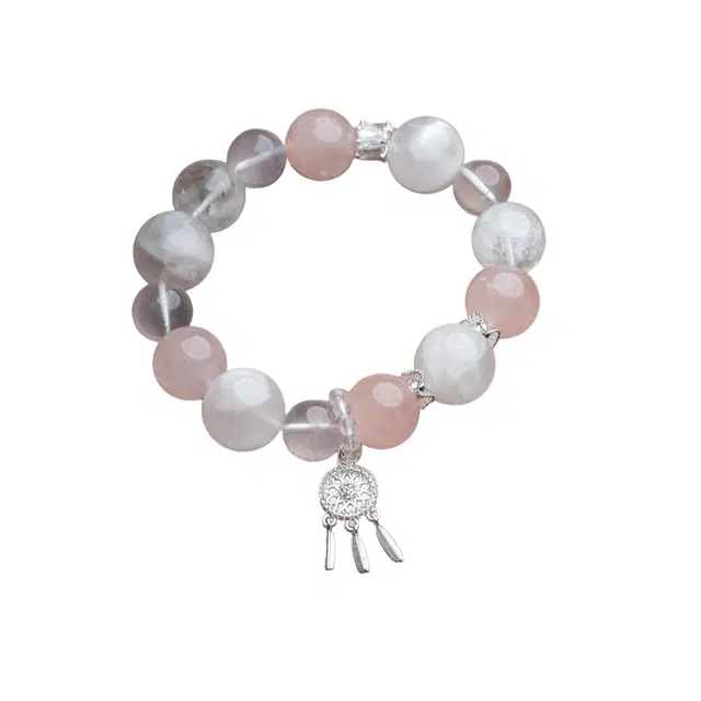 茂琼 吉祥如意万事顺遂好运连连新中式国潮文玩念珠西柚粉单圈雪花捕梦网滴流潮流高级文玩 粉水晶 手串 女款