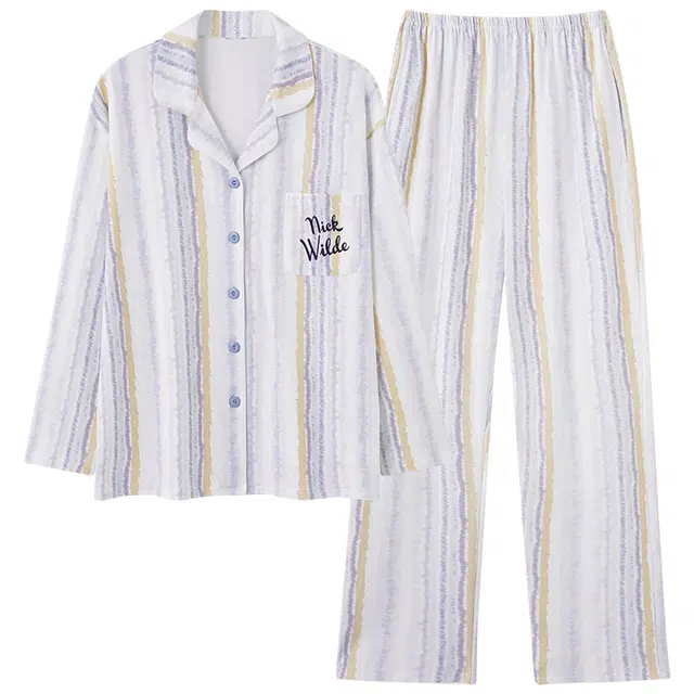 俏霓桐 优雅彩色条纹简约甜美纯棉亲肤休闲翻领长袖长裤家居服可外穿睡衣套装 女款