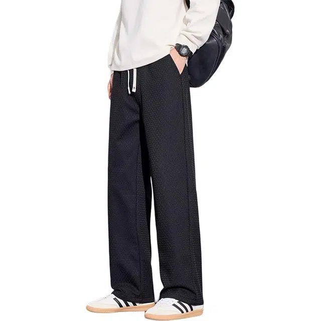 协协乐 高街风简约纯色美式潮牌秋冬季华夫格卫裤宽松直筒垂坠感百搭青少年弹力抽绳痞帅运动长裤休闲裤 男款