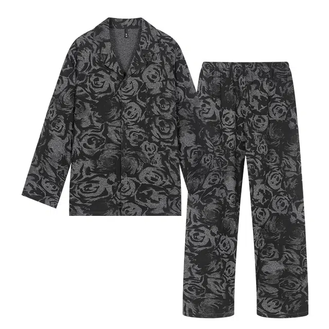 宫蝶 长袖爽肤棉满印开衫宽松复古家居服大码可外穿睡衣套装 男款