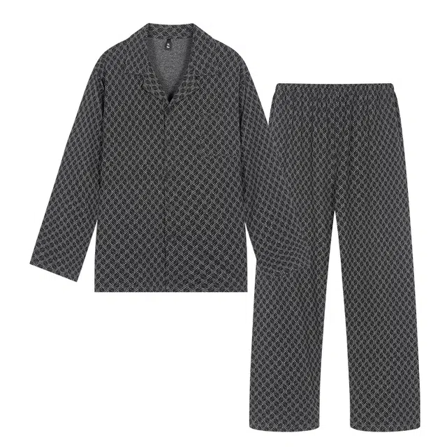 宫蝶 爽肤棉长袖家居服满印休闲开衫可外穿大码复古风睡衣套装 男款