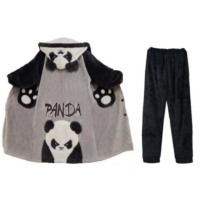 俏霓桐 卡通舒适保暖秋冬季加厚加绒珊瑚绒可外穿青少年学生家居服睡衣套装 男款