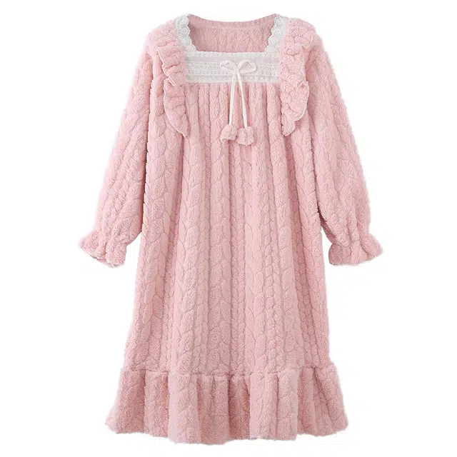 顶瓜瓜 珊瑚绒保暖加绒加厚公主风简约纯色长袖休闲家居服睡裙 女款