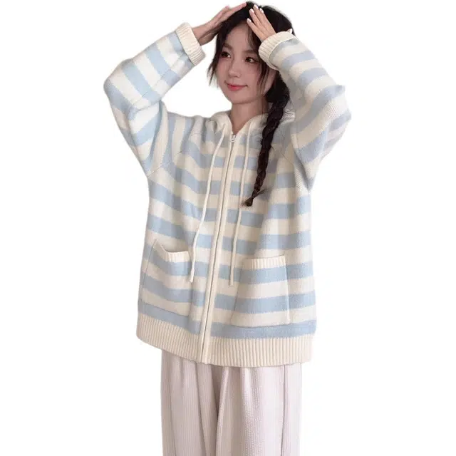 小卷要加油 条纹宽松拉链连帽开衫长袖针织衫 女款