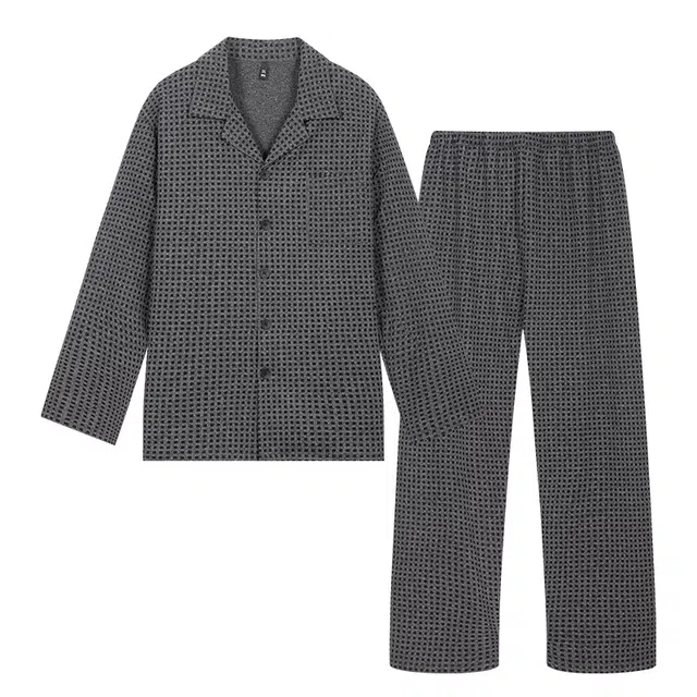 宫蝶 爽肤棉长袖满印复古风开衫家居服宽松可外穿大码睡衣套装 男款