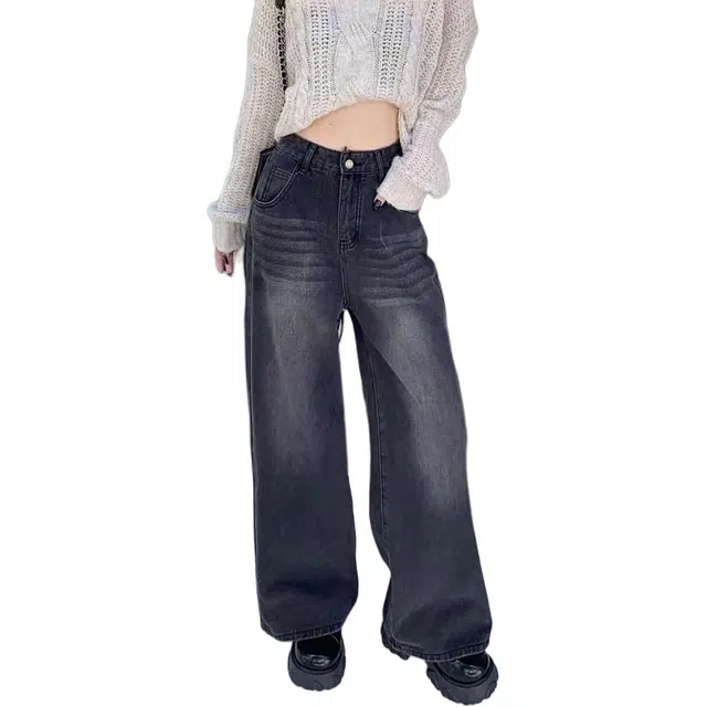 么宁 加绒直筒宽松阔腿辣妹美式高腰垂感长裤子牛仔裤 女款
