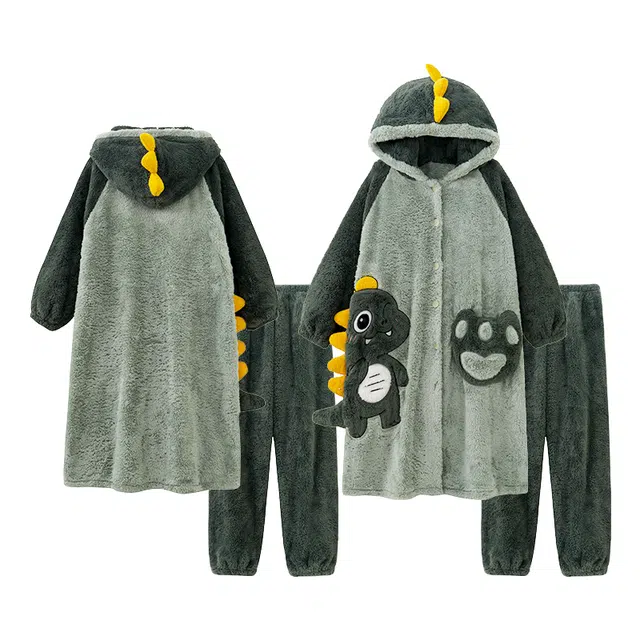 顶瓜瓜 冬季可爱恐龙时尚甜美风珊瑚绒加绒加厚保暖连帽休闲舒适家居服睡衣套装 男女同款