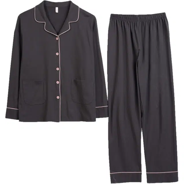 浮光岛屿 简约纯色口袋翻领高级感长袖长裤家居服舒适亲肤透气可外穿宽松休闲睡衣套装 女款 礼盒款 灰色