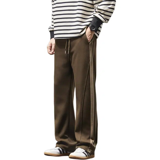 潮人榜 美式复古重磅拼接条纹针织卫裤男款秋冬宽松直筒阔腿垂感休闲裤 男女同款