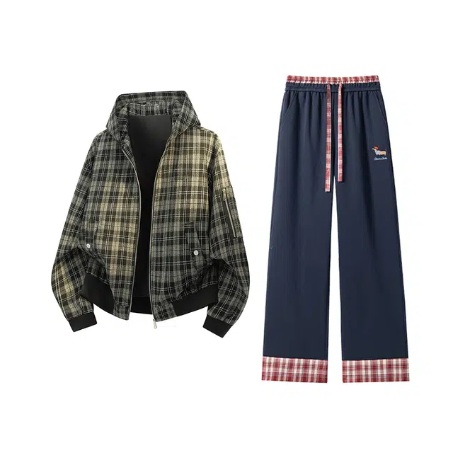 素杭 美式格纹帽衫潮流宽松连帽开衫夹克外套搭配千鸟格松紧腰直筒卫裤两件套潮牌穿搭一整套休闲运动套装 男女同款