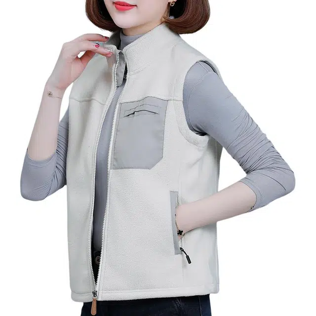 缪斯的诱惑 户外舒适百搭无袖外套保暖加厚双面摇粒绒背心抓绒衣时尚潮流拼接拉链口袋宽松登山徒步滑雪防风秋冬内胆休闲立领马甲 女款