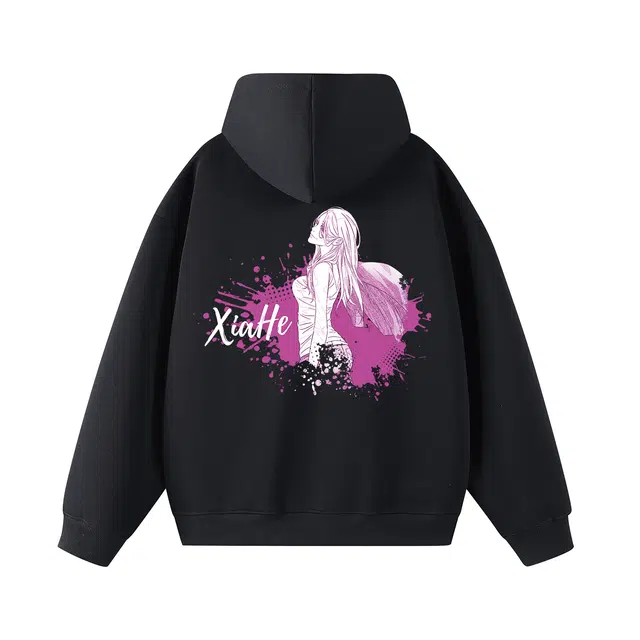 一人之下 官方漫画人物刮骨刀夏禾泼墨字母印花设计美式休闲宽松日常通勤舒适长袖落肩连帽卫衣 男女同款