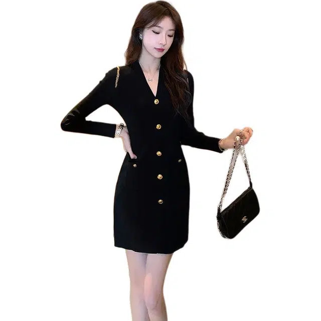 纤丝鸟 简约修身收腰显瘦名媛气质打底裙子长袖连衣裙 女款