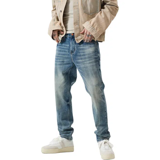 逆腾 秋季弹力裤子男复古修身男士重工猫须水洗刮烂直筒小脚牛仔裤 男款